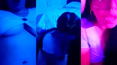 Celestte22 strips & teases before giving a hot camel-toe blowjob and double penetration