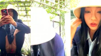 Asian Melody's upskirt fingering and squirting in steamy solo session