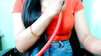 Sweet-alia's hot Indian-girl-style striptease with fingering, doggy-style & more!