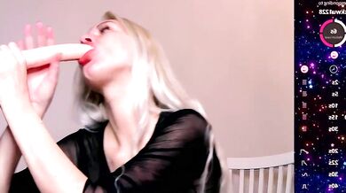 Vittaass goes wild with her middle-priced private cam while giving a sloppy deepthroat and dirty talk to her blonde milfs