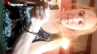 Naughty blonde MILF GoldenFlameGoddess squirts while playing with her dildo & giving a white blowjob on cam