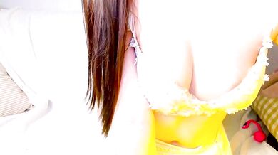 Embez-Damdang gets her tight Asian pussy filled with cum while playing with record & squirting with orgasm