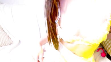 Embez-Damdang gets her tight Asian pussy filled with cum while playing with record & squirting with orgasm