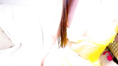 Embez-Damdang gets her tight Asian pussy filled with cum while playing with record & squirting with orgasm