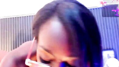 Watch Amyy Rossee's shaved ebony pussy get fingered and squirt while getting a recordable public striptease