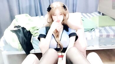 Naughty Asian babe Lei-er strips & teases with her tight pussy in office